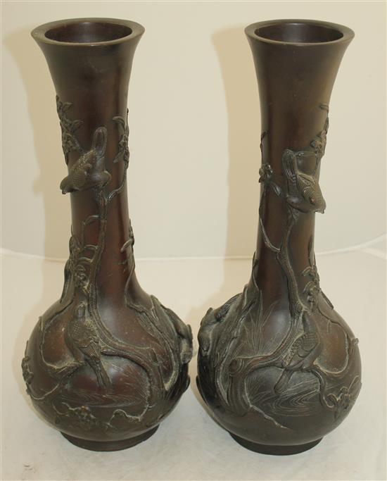 A pair of Japanese bronze bottle vases, 19th century, 30cm